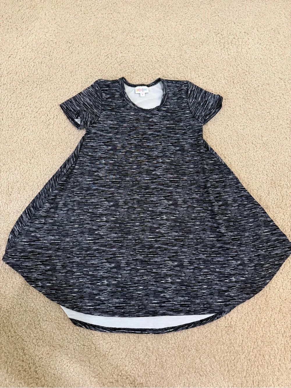 LuLaRoe Mae Swing Dress Girls Size 6 Black Gray Pocket High Low Hem